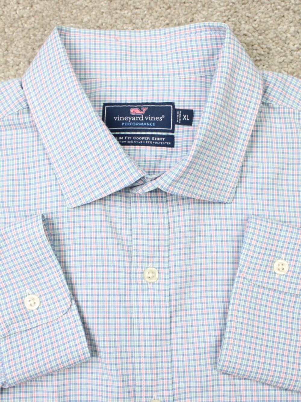 Vineyard Vines Performance Shirt Mens XL Blue/Pink Slim Fit Cooper Long Sleeve